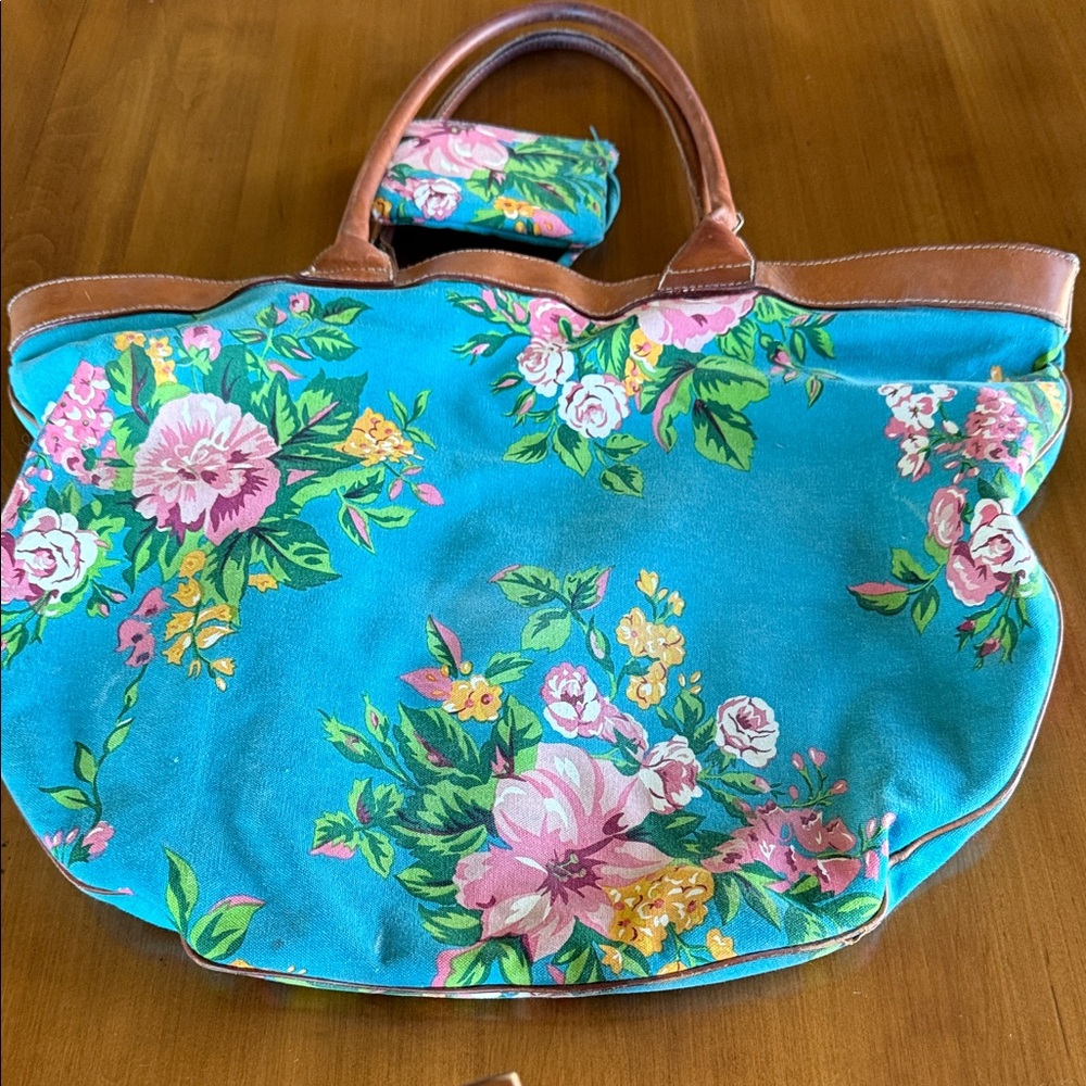 Adrienne Vittadini Blue Floral Tote with Tan Leather Handles